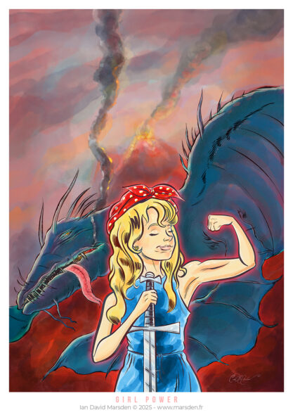 Young girl in blue dress with a sword stands in front of a dragon against a fiery sky.