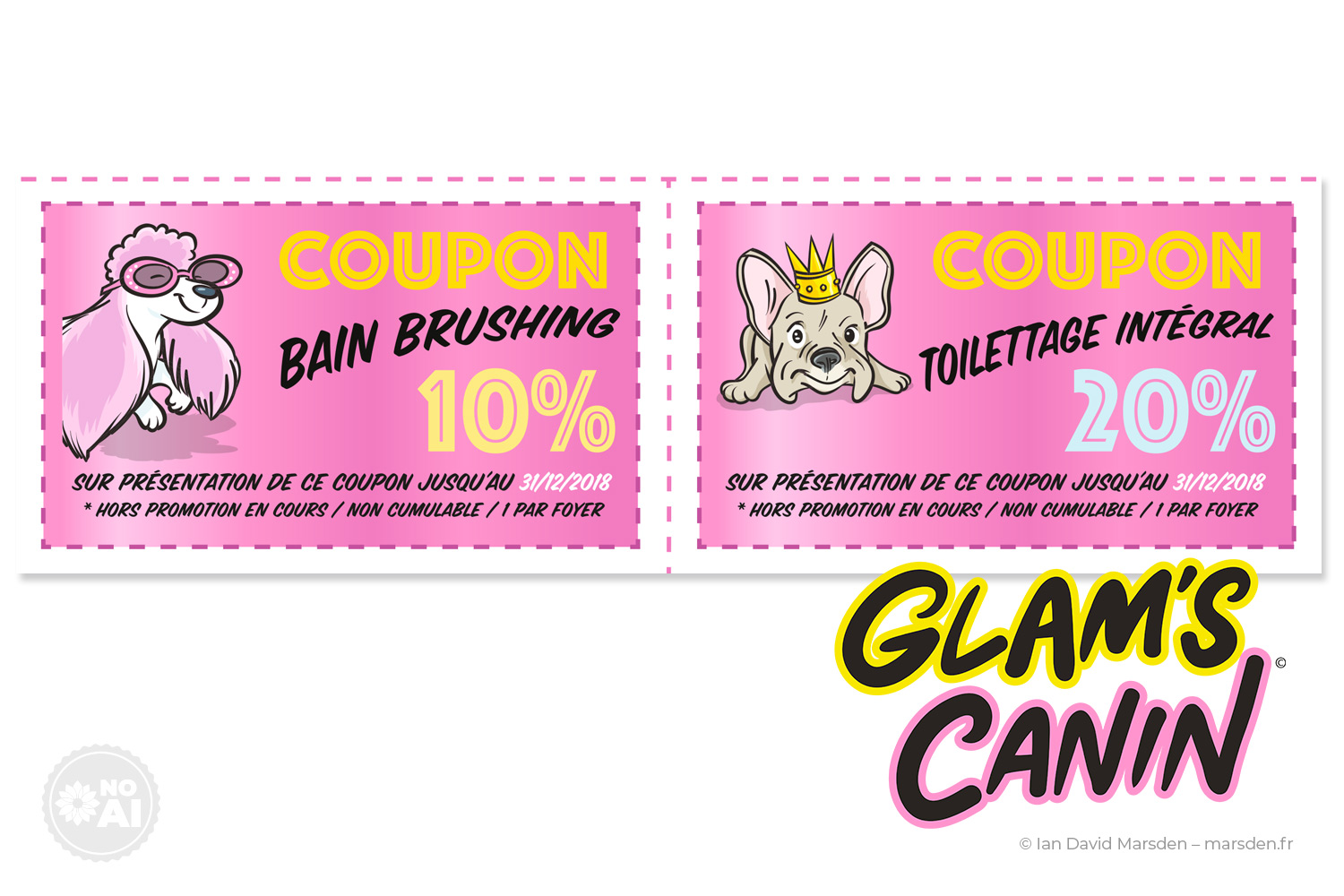 Glam’s Canin pink grooming coupons with cartoon dogs