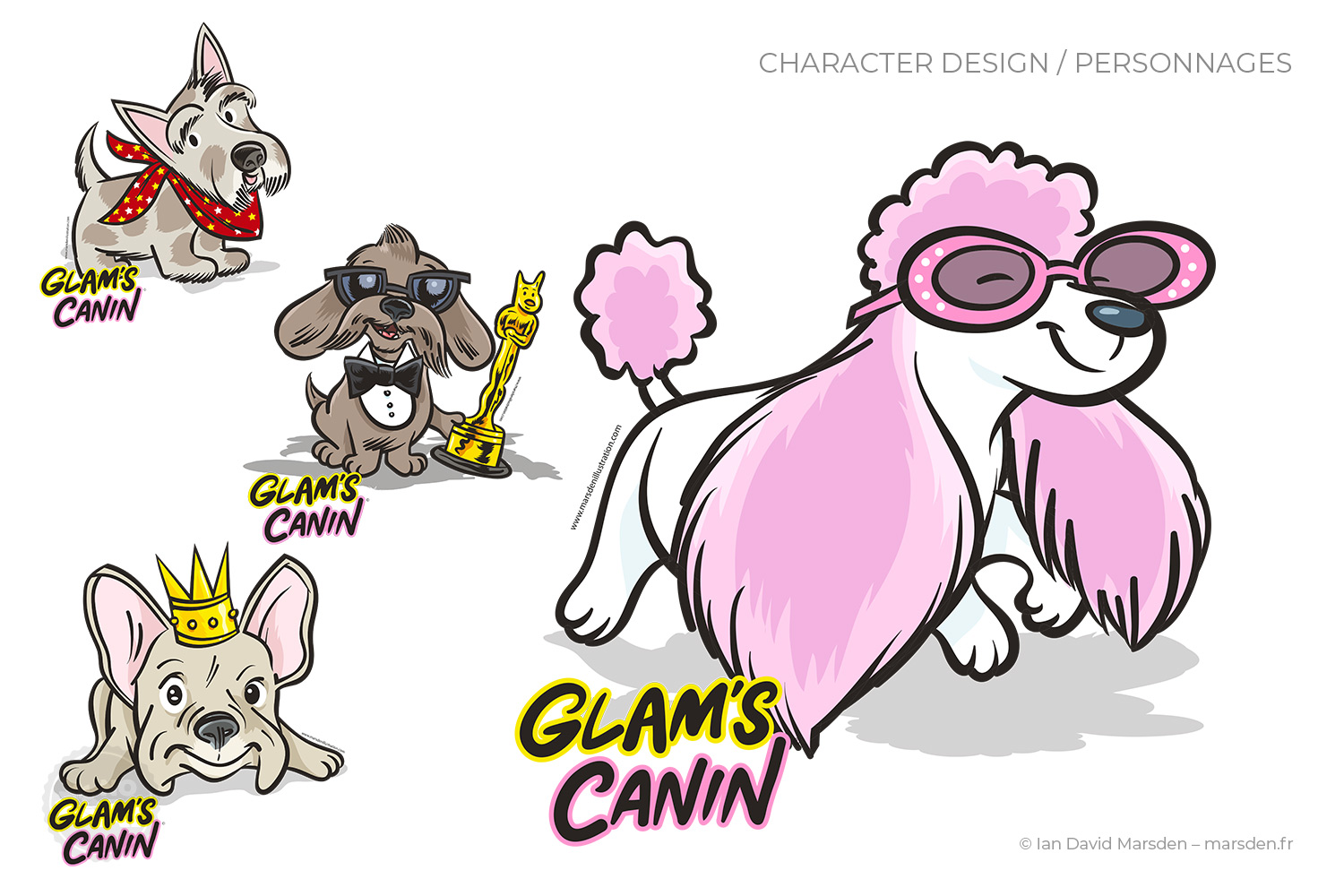 Cartoon dog mascots for Glam’s Canin grooming service