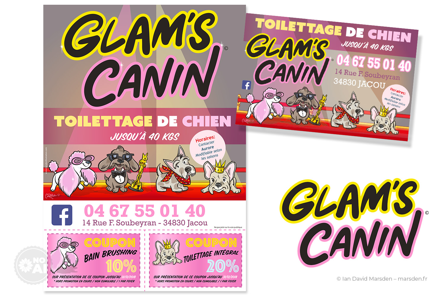 Glam’s Canin grooming salon marketing materials in pink with cartoon dogs