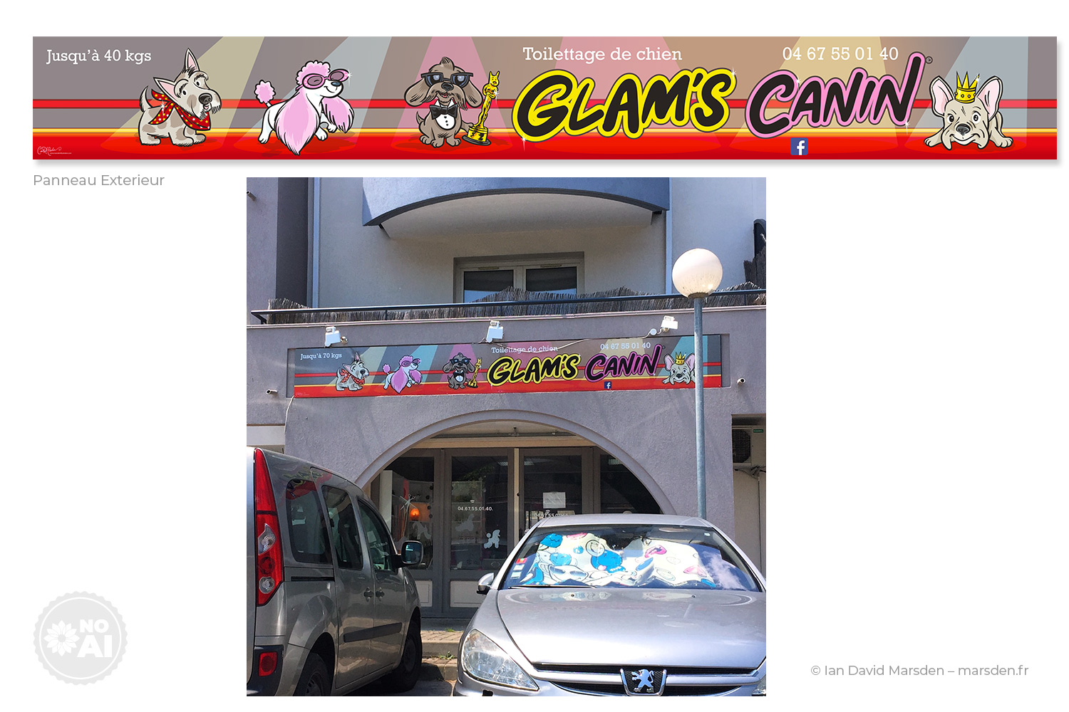 Exterior photo of Glam’s Canin grooming salon with logo and signage