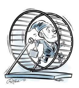 Cartoon gnome running on a hamster wheel with briefcase