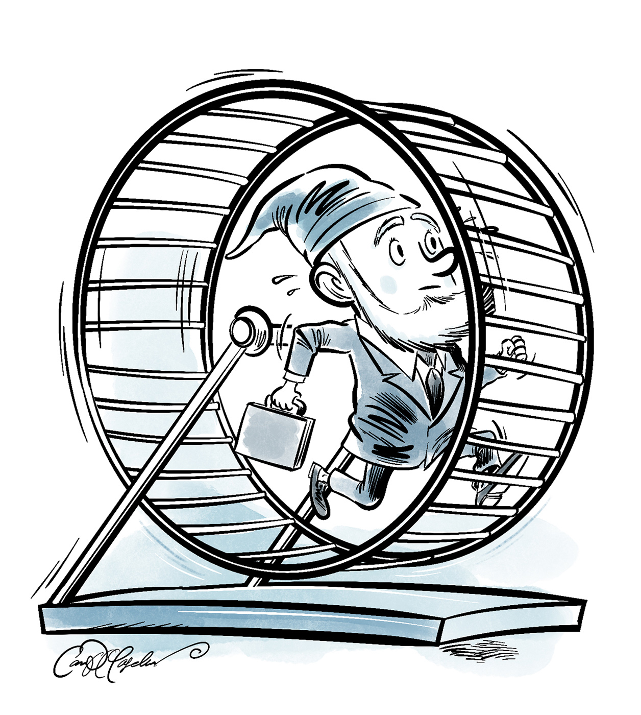 Cartoon gnome running on a hamster wheel with briefcase