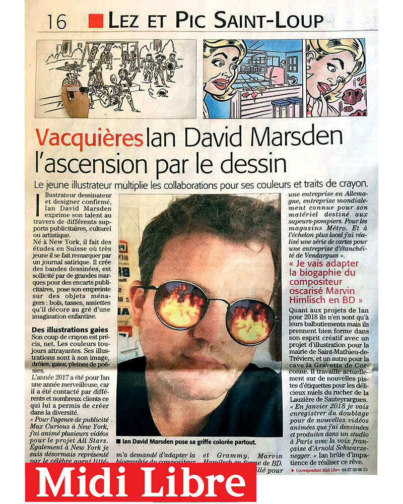 Portrait de Ian David Marsden dans le journal Midi Libre, illustrateur et graphiste à Claret, spécialiste en design graphique, étiquettes de vin, illustration éditoriale et direction artistique.