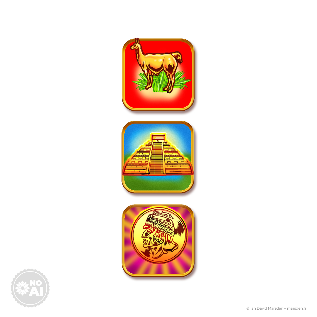 Inca Slots game symbols camel, temple, mask