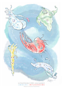 Cartoon amoeba in water surrounded by social symbols