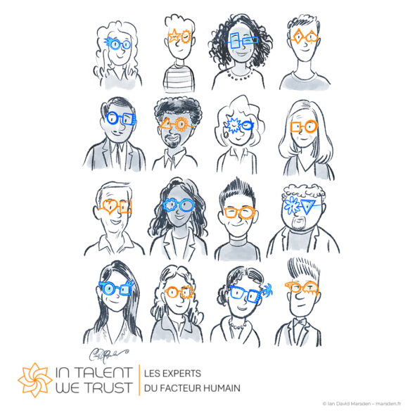 Sheet of stylized cartoon characters wearing different glasses for HR diversity message.
