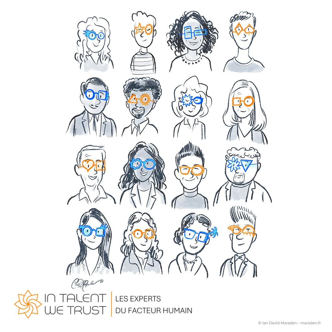 Sheet of stylized cartoon characters wearing different glasses for HR diversity message.