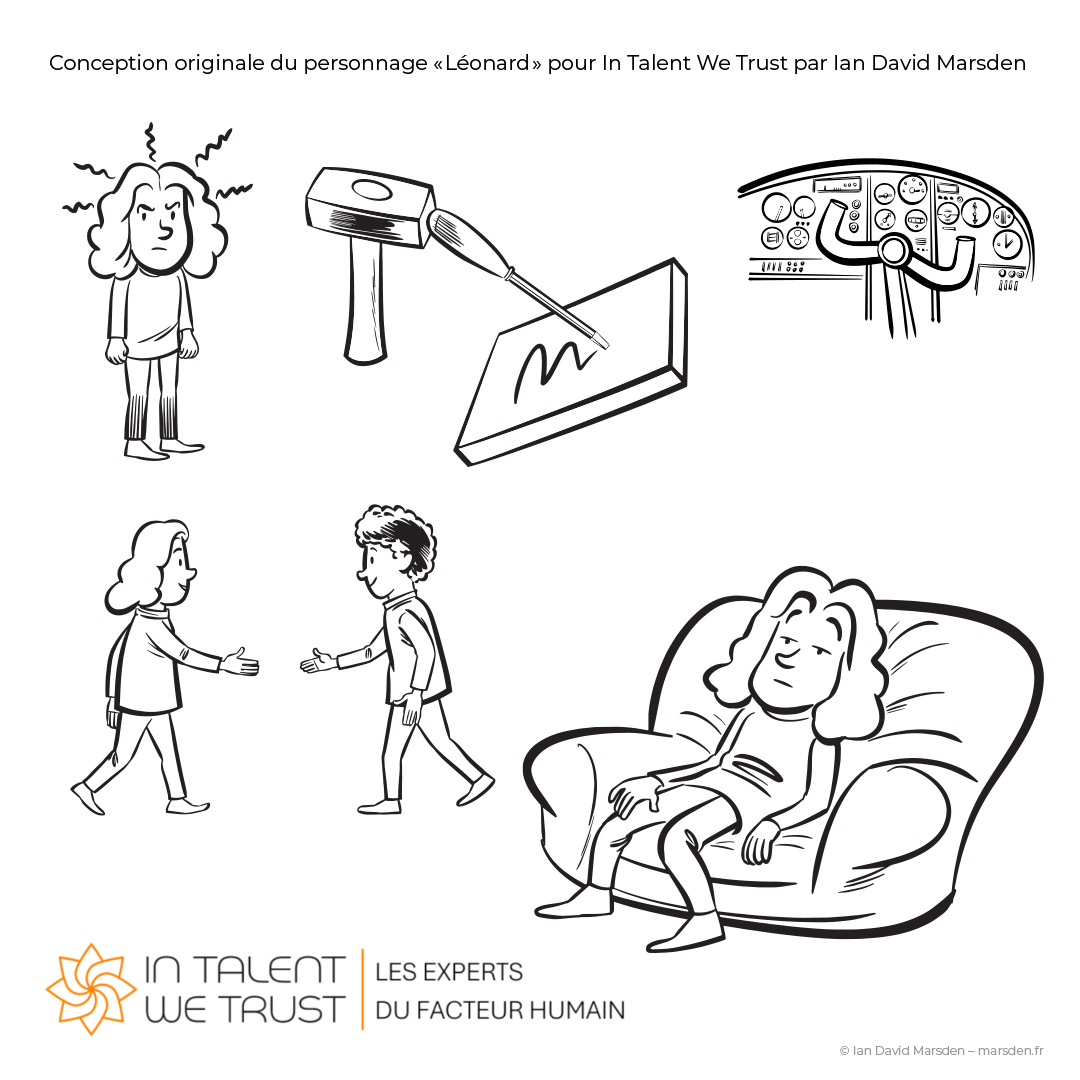 Black and white illustrations of Leonardo in dynamic scenes for InTalent branding.