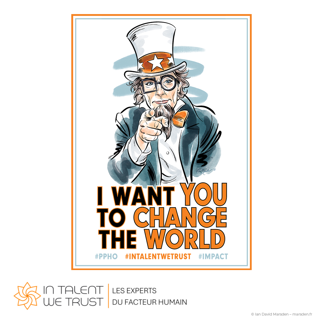 Modern Uncle Sam poster with creative glasses and the slogan “I Want You to Change the World” for French HR campaign