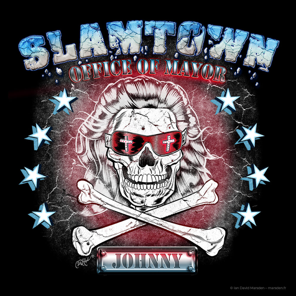 Mayor of Slamtown skull and crossbones T-shirt illustration designed for wrestler John Hennigan by Ian David Marsden