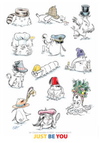 Assorted cartoon animals wearing unique hats in a positive “Just Be You” illustration by Ian David Marsden