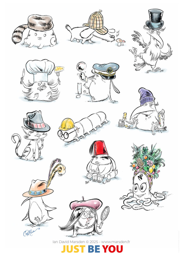 Assorted cartoon animals wearing unique hats in a positive “Just Be You” illustration by Ian David Marsden