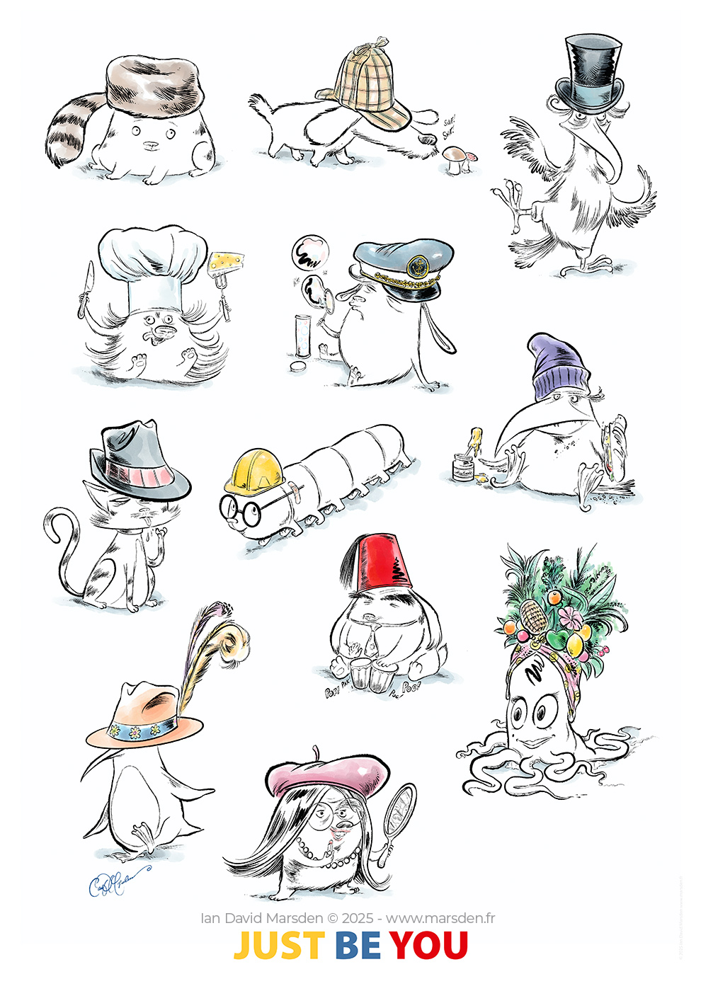 Assorted cartoon animals wearing unique hats in a positive “Just Be You” illustration by Ian David Marsden