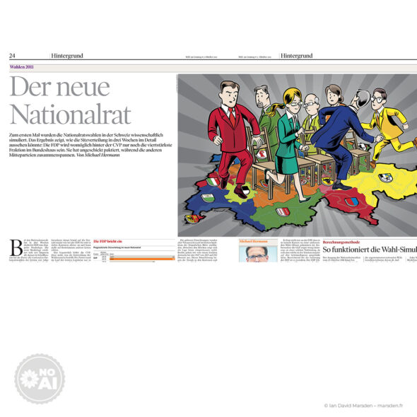 Editorial illustration of politicians in colorful suits competing for chairs on a stylized map of Switzerland.