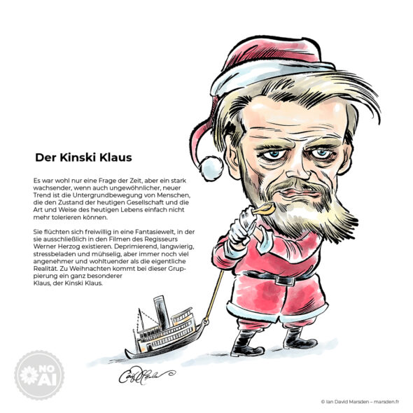 A caricature of Klaus Kinski dressed as Santa Claus, pulling a small toy steamboat on a string.