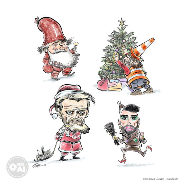 Four distinct cartoon figures: a classic Santa, a worker decorating a tree, a cynical Santa pulling a toy boat, and a diva.