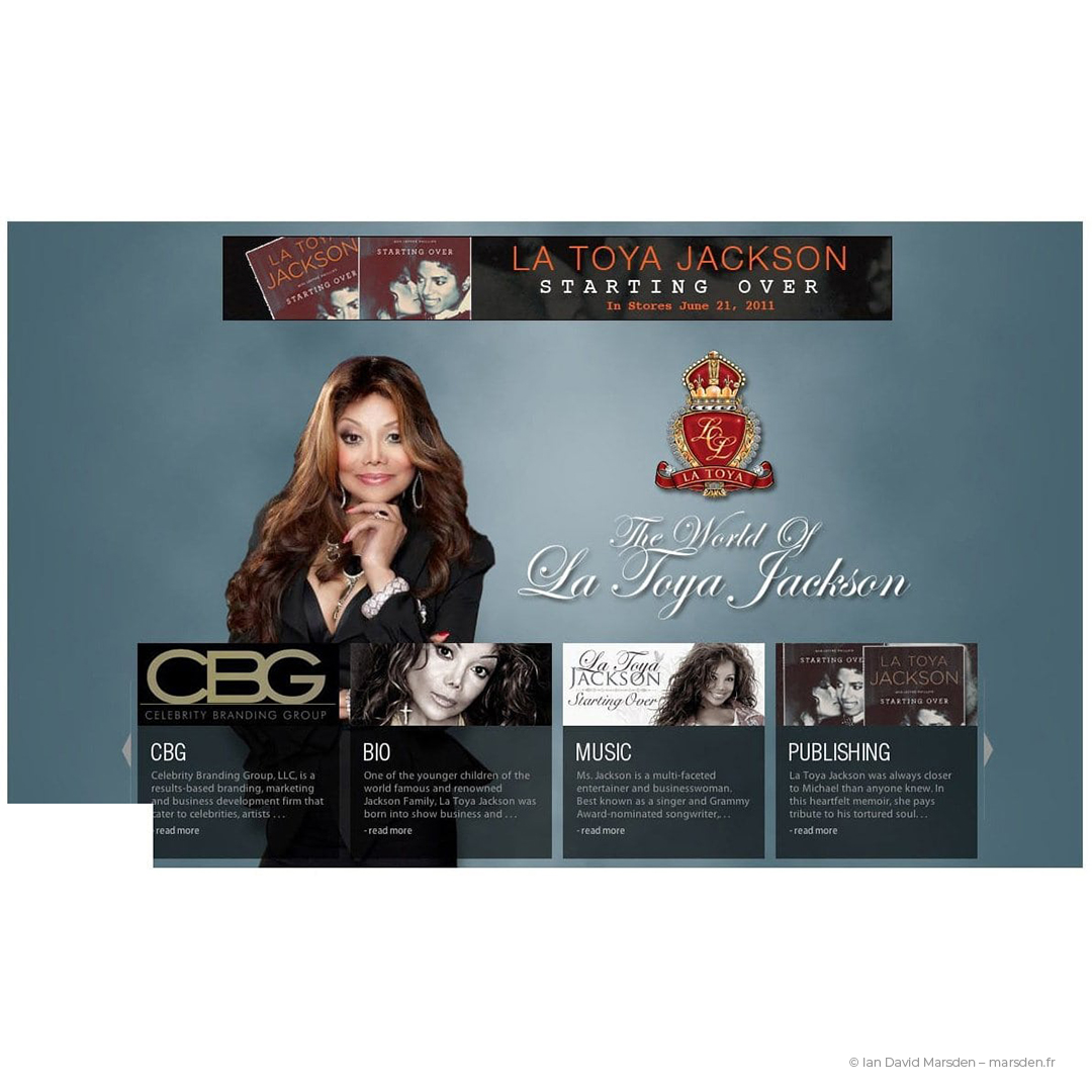 Website homepage design for La Toya Jackson featuring her crest logo and photo