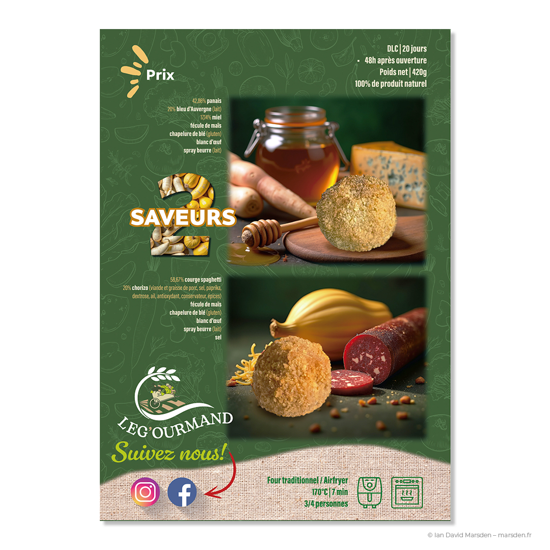 Graphic back side of product flyer for French veggie snacks – chorizo, miel et bleu d’Auvergne visuels