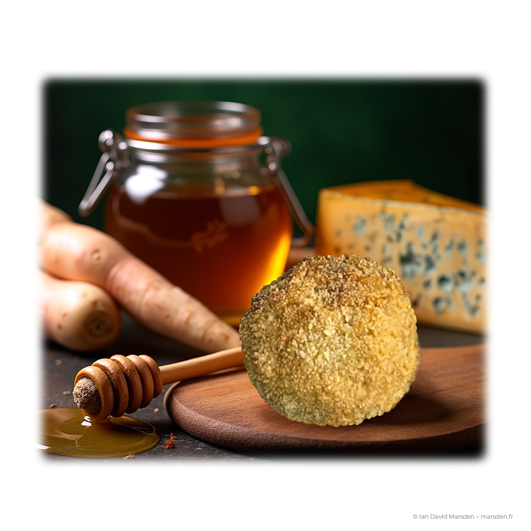 Realistic hero image showing gourmet snack ball with honey dipper, parsnips, and French blue cheese – Photoshop compositing for food branding