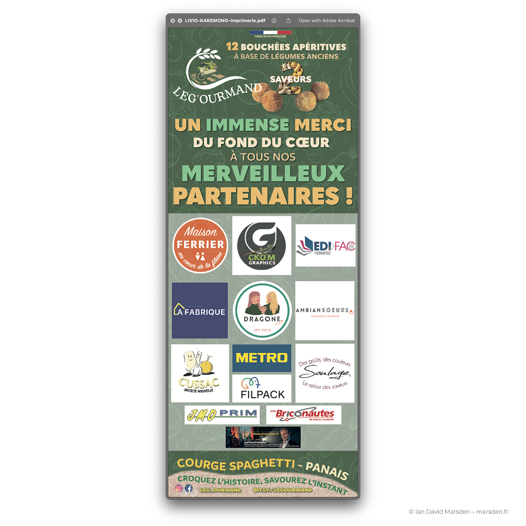 Kakemono visuel événementiel pour Le’Gourmand avec logos partenaires et branding vert