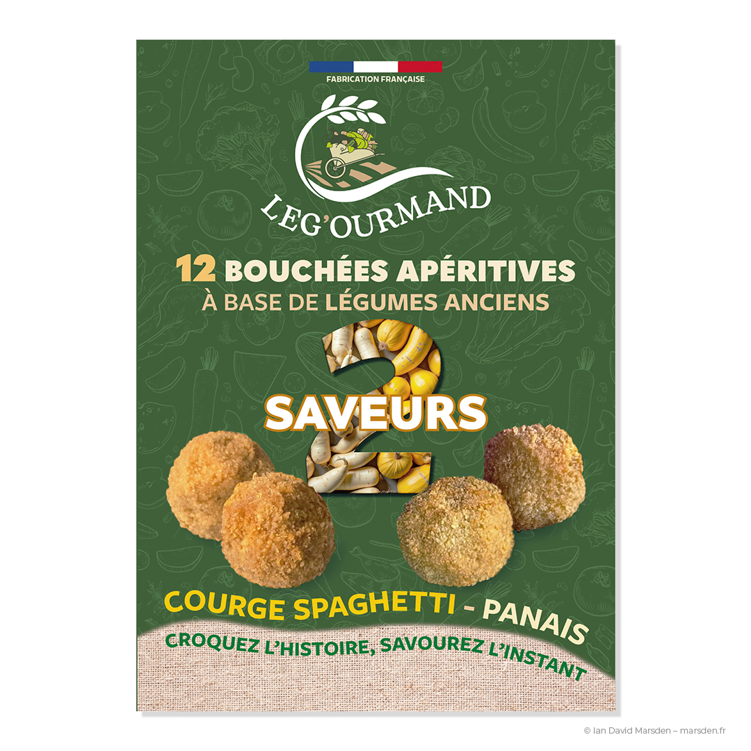 Le’Gourmand front page product flyer with courge spaghetti and panais vegetable bites – French artisanal branding