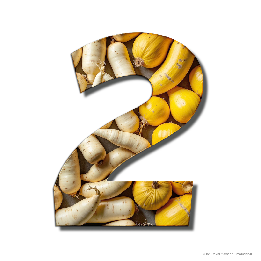 Illustration typographique en forme de chiffre 2 – assemblage photo d’ingrédients comme navets et courge spaghetti