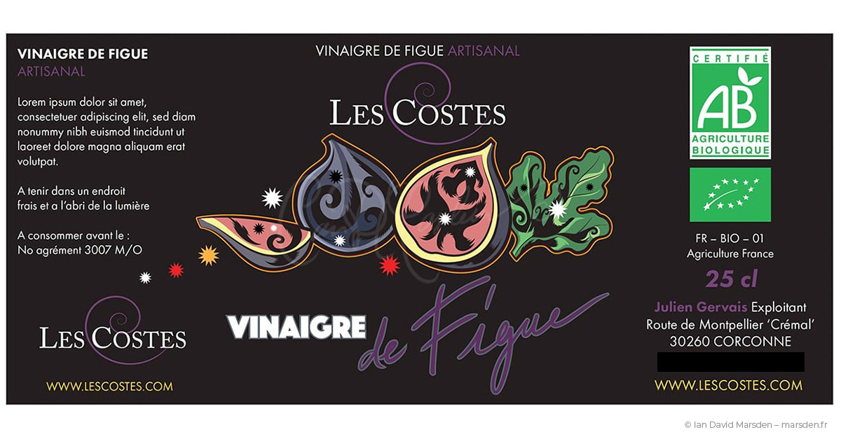 Fig vinegar bottle label design with fig and vine illustration, French artisan product.