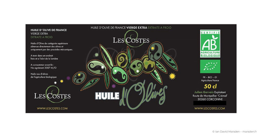 French olive oil bottle label full layout with organic certification and ingredient graphics.