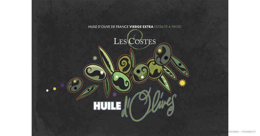 Olive oil label design for Les Costes, French artisan product with organic logo and fig illustration.