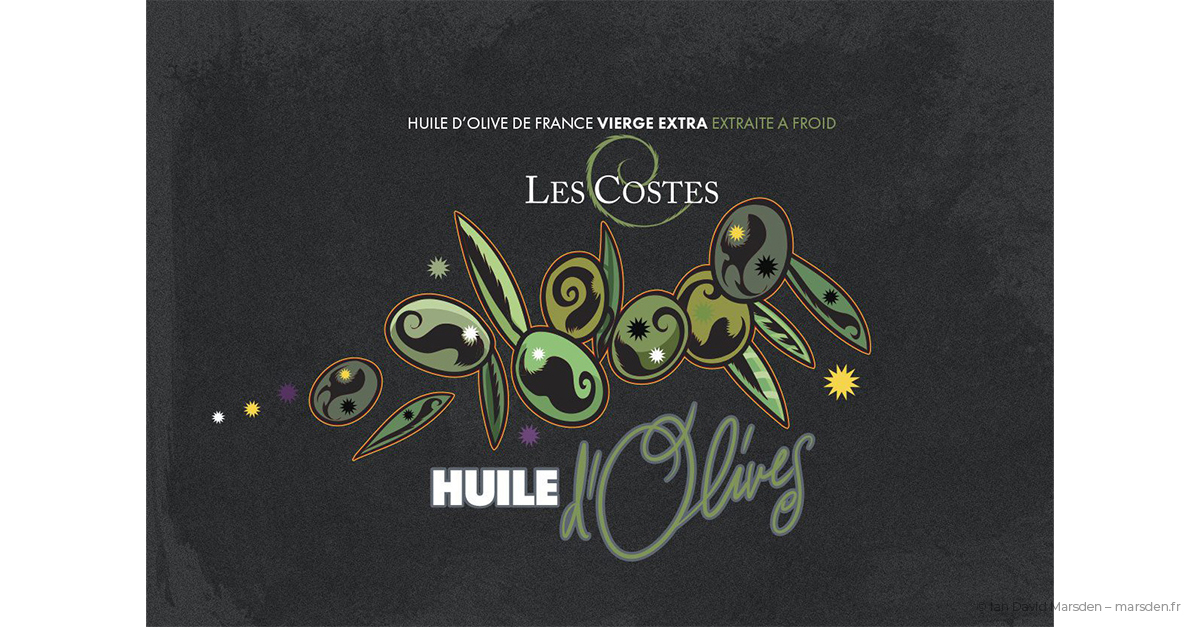 Olive oil label design for Les Costes, French artisan product with organic logo and fig illustration.
