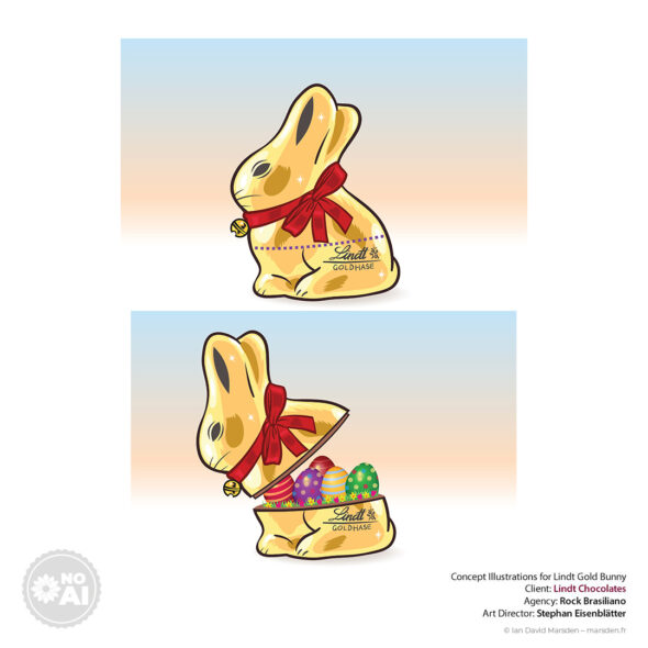 Gold Lindt bunny opening to reveal small chocolate eggs inside