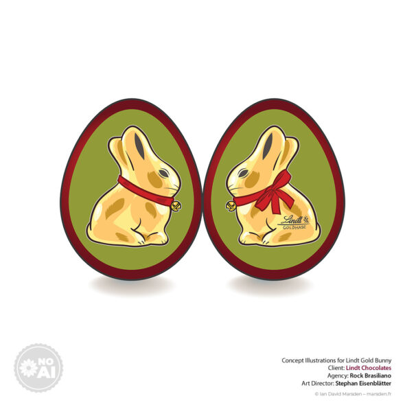 Two Easter egg shapes featuring the Lindt Gold Bunny on green background