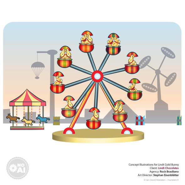 Ferris wheel with Lindt Gold Bunnies in each gondola, carnival background