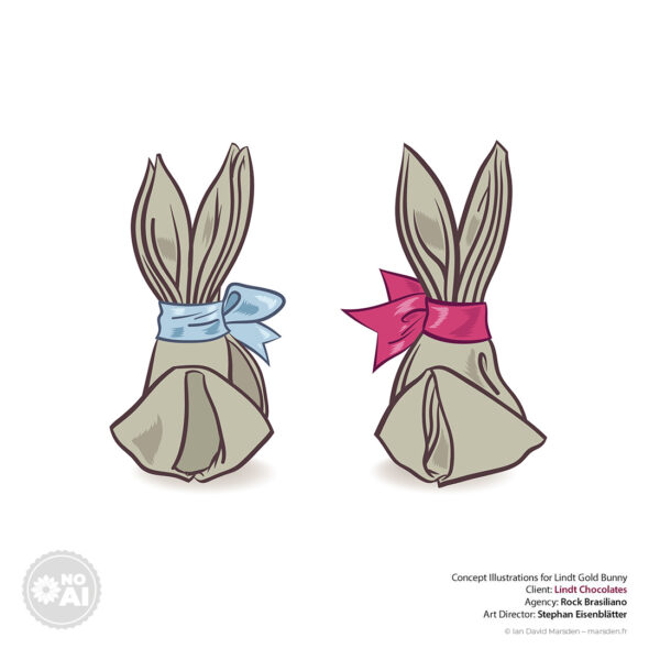Two fabric-wrapped bunny gift forms with blue and red ribbons