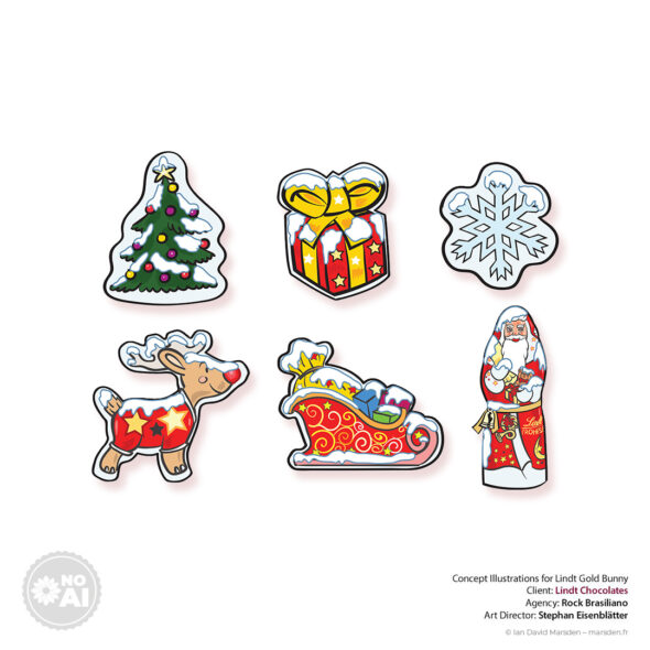 Snow-covered holiday chocolate wrappers for Lindt with tree, sleigh, and Santa