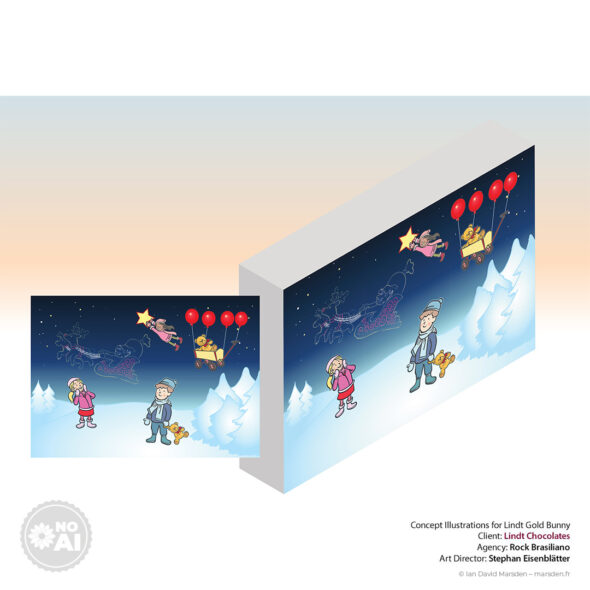 Winter Lindt box with illustrated characters and starry sleigh sky