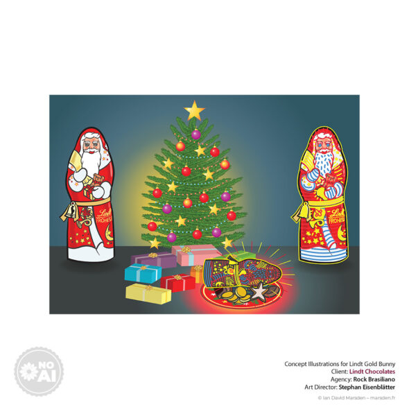 Lindt Santa packaging glowing near Christmas tree