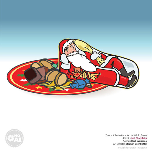 Santa Claus lying on plate with chocolates