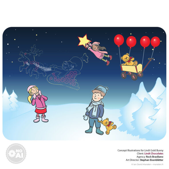 Cute winter illustration with children and Santa sleigh made of stars