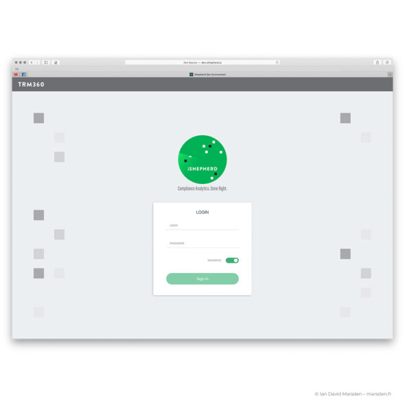 iSHEPHERD UX login screen with animation of circular radar logo and clean form layout