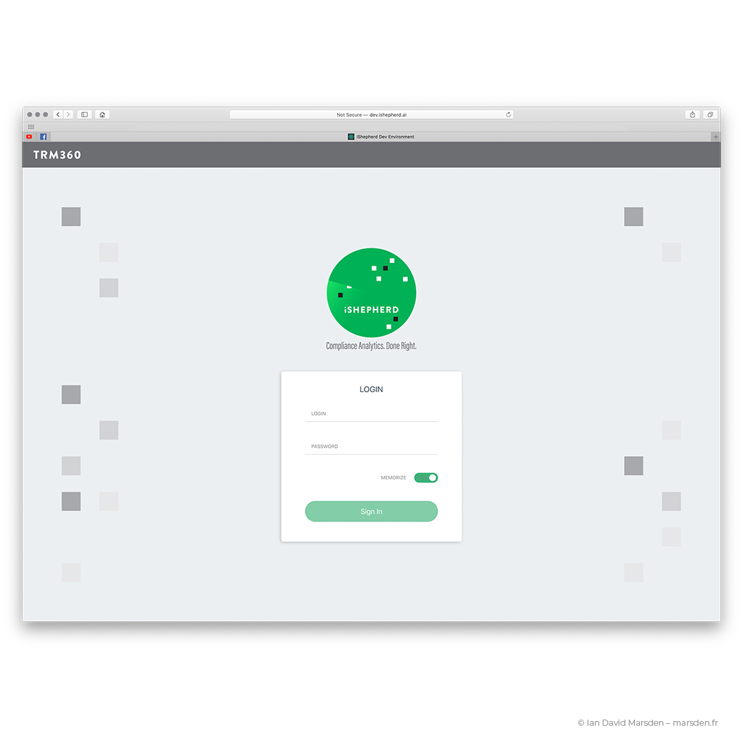 iSHEPHERD UX login screen with animation of circular radar logo and clean form layout