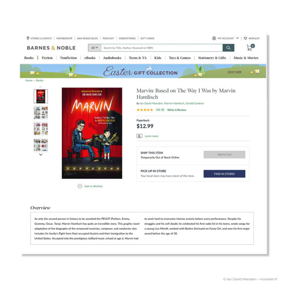 Barnes & Noble product page for MARVIN by Ian David Marsden, showing the graphic novel cover, book details, pricing and overview text.