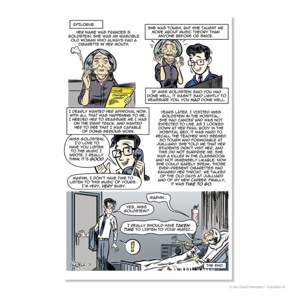 Final comic page from MARVIN by Ian David Marsden showing Marvin Hamlisch remembering his demanding Juilliard teacher Frances S. Goldstein and visiting her in hospital years later.