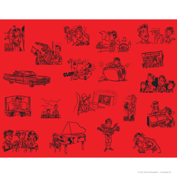 Decorative red endpaper design for MARVIN by Ian David Marsden, composed of black line-drawn vignettes from the graphic novel, including childhood music lessons, family scenes, performance moments and Broadway memories.