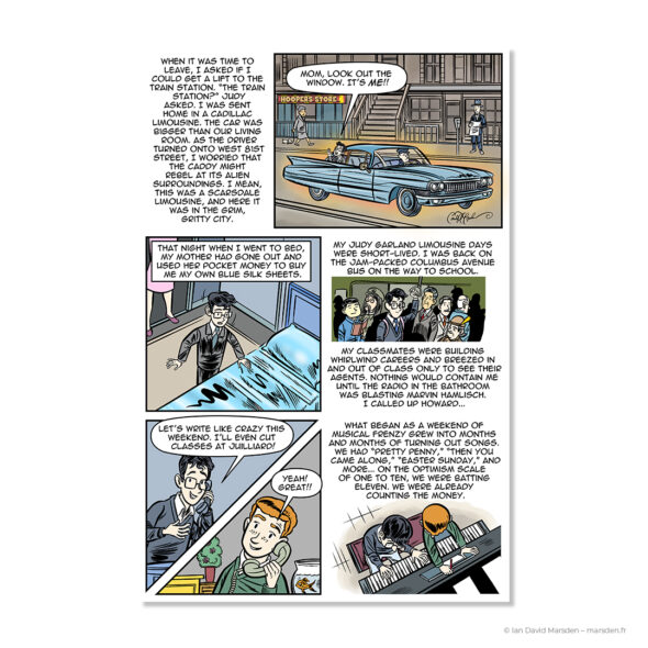 Comic page from MARVIN by Ian David Marsden showing teenage Marvin Hamlisch arriving home in Judy Garland’s Cadillac limousine, asking his mother to look out the window, later returning to school by bus and writing pop songs with Howard Liebling.