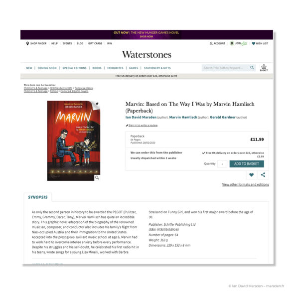 Screenshot of the Waterstones listing for MARVIN: Based on The Way I Was by Marvin Hamlisch, showing the book cover, author credits, paperback details and synopsis.
