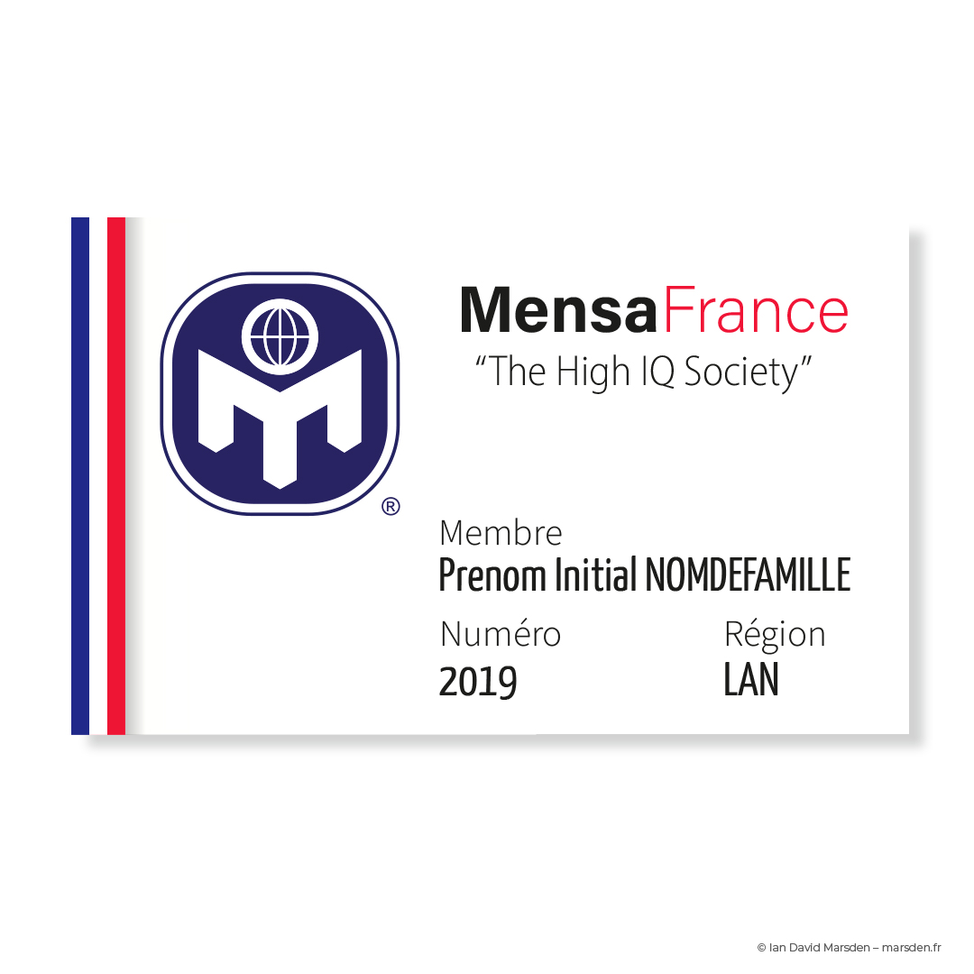 Mensa France ID card concept with blue logo, red and white stripes, and clean sans-serif font