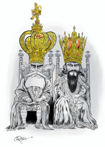 Cartoon of two kings comparing ornate crowns, illustrated by Ian David Marsden.