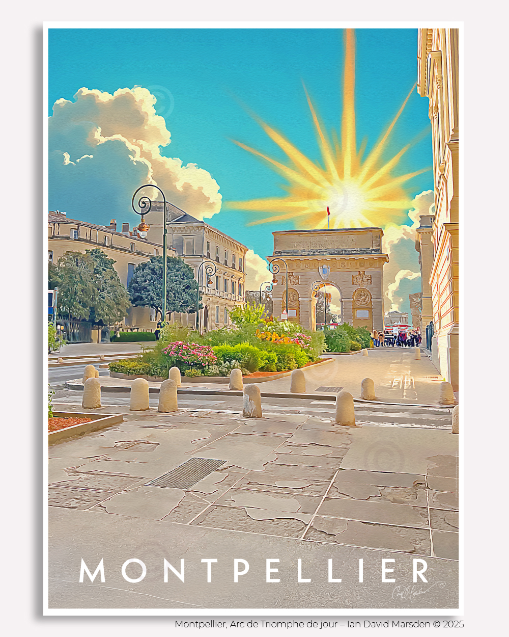 Sunshine over Montpellier’s historic Arc de Triomphe in a vintage poster style illustration by Ian David Marsden